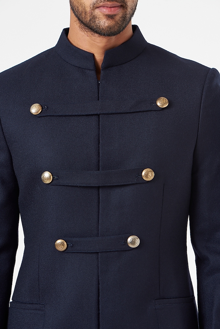 Navy Blue Blended Wool Wedding Bandhgala Set by SEVENDC MEN at Pernia's Pop Up Shop