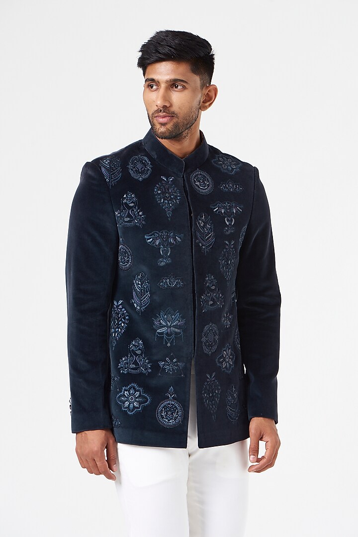 Blue Embroidered Groom Bandhgala Set by SEVENDC MEN at Pernia's Pop Up Shop