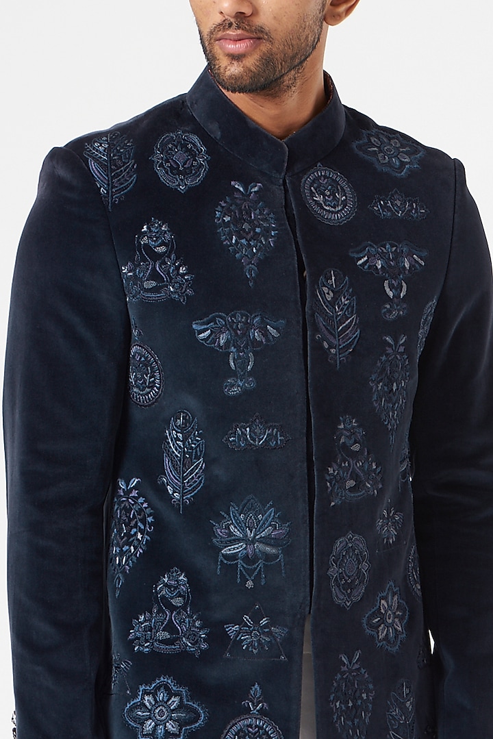Blue Embroidered Groom Bandhgala Set by SEVENDC MEN at Pernia's Pop Up Shop