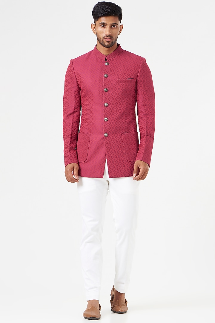 Pink Jacquard Wedding Bandhgala Set by SEVENDC MEN at Pernia's Pop Up Shop