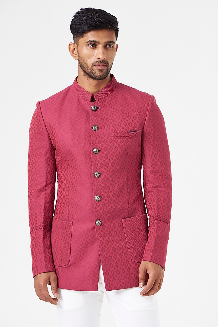 Pink Jacquard Wedding Bandhgala Set by SEVENDC MEN at Pernia's Pop Up Shop