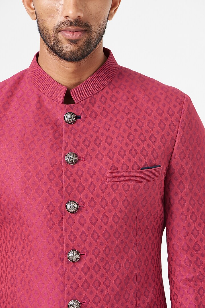 Pink Jacquard Wedding Bandhgala Set by SEVENDC MEN at Pernia's Pop Up Shop