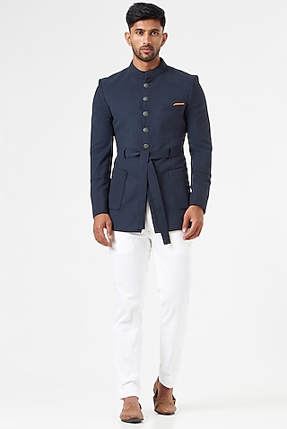Dusty Blue Cotton Suede Bandhgala Set by SEVENDC MEN