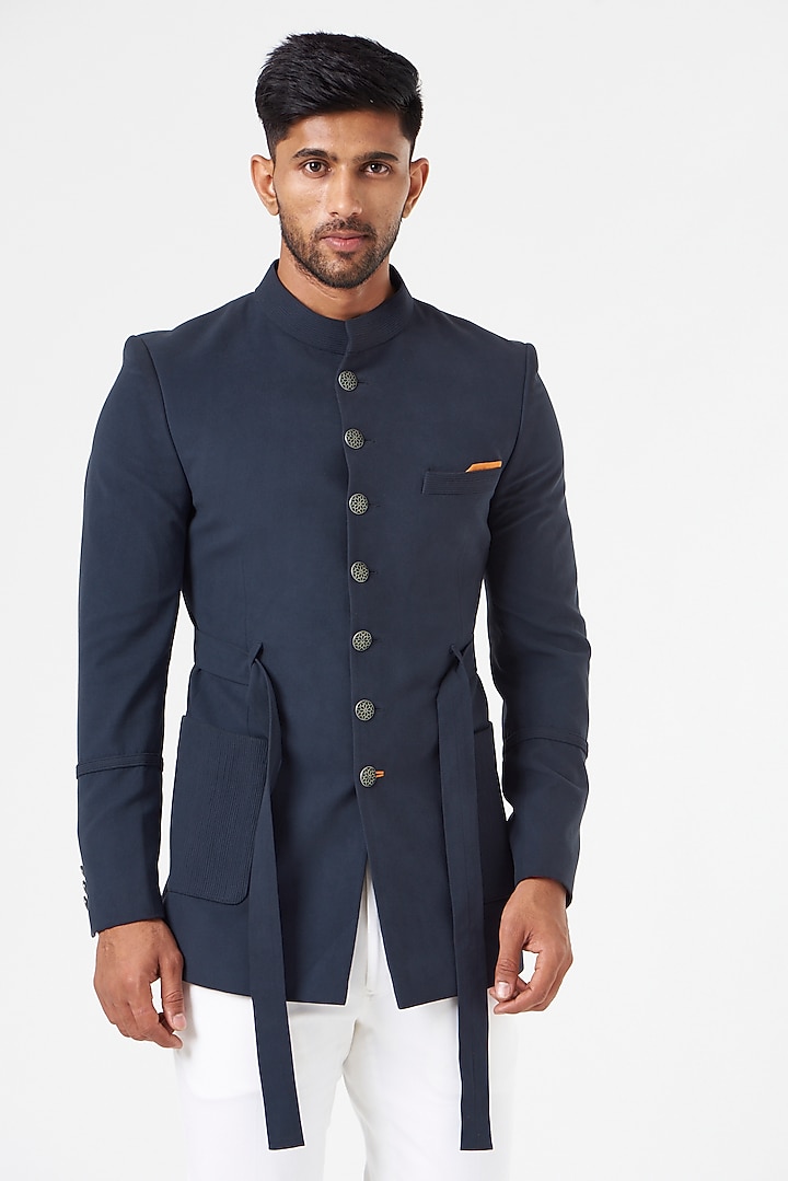 Dusty Blue Cotton Suede Wedding Bandhgala Set by SEVENDC MEN at Pernia's Pop Up Shop