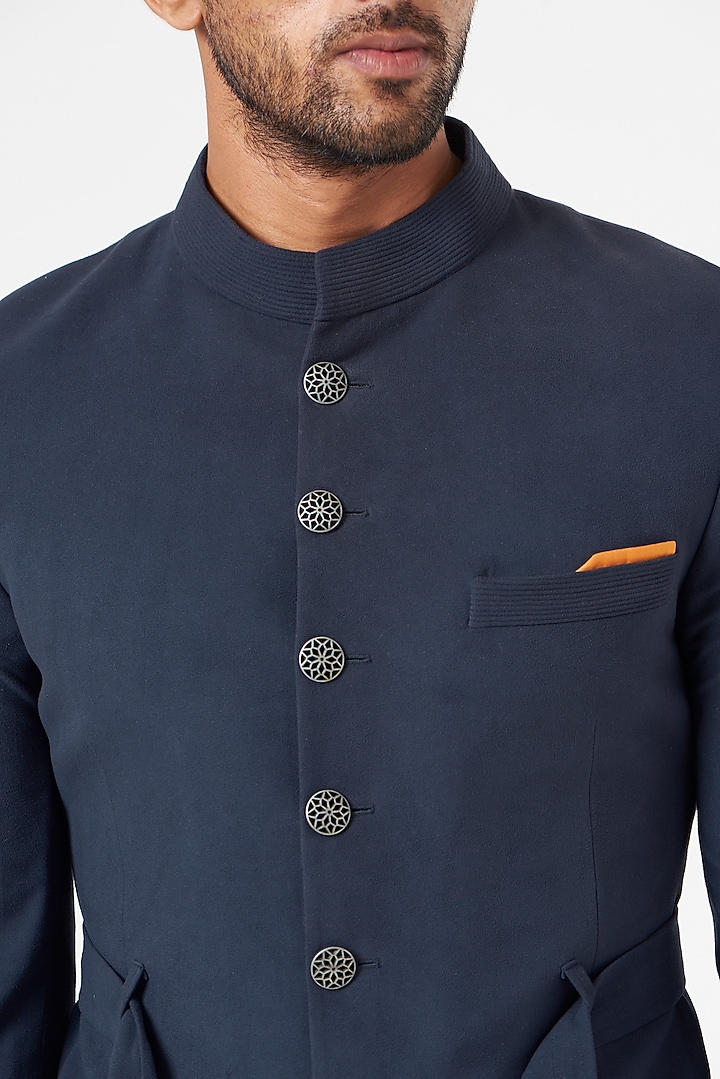 Dusty Blue Cotton Suede Wedding Bandhgala Set by SEVENDC MEN at Pernia's Pop Up Shop