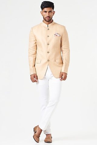 Peach Linen Bandhgala Set by SEVENDC MEN