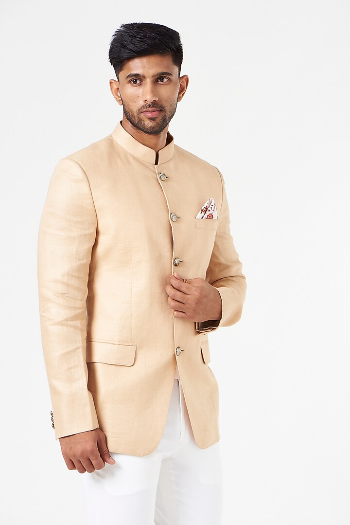 Peach Linen Wedding Bandhgala Set by SEVENDC MEN at Pernia's Pop Up Shop