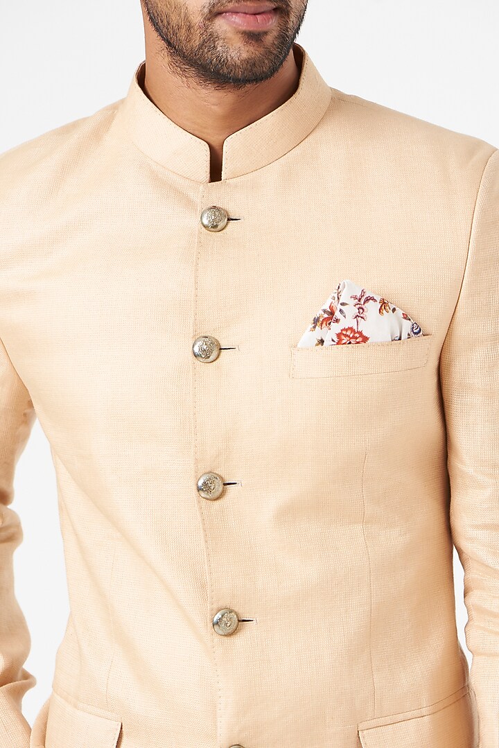 Peach Linen Wedding Bandhgala Set by SEVENDC MEN at Pernia's Pop Up Shop