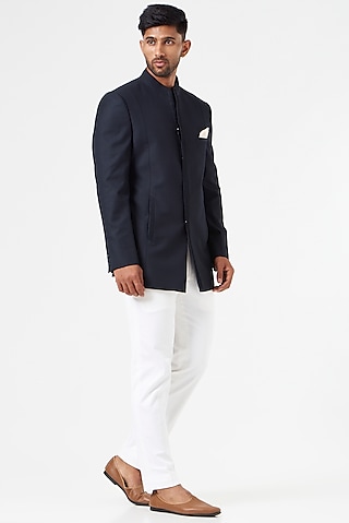 Navy Blue Blended Wool Bandhgala Set by SEVENDC MEN