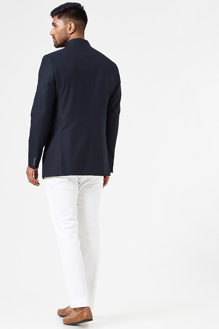 Navy Blue Blended Wool Wedding Bandhgala Set by SEVENDC MEN at Pernia's Pop Up Shop