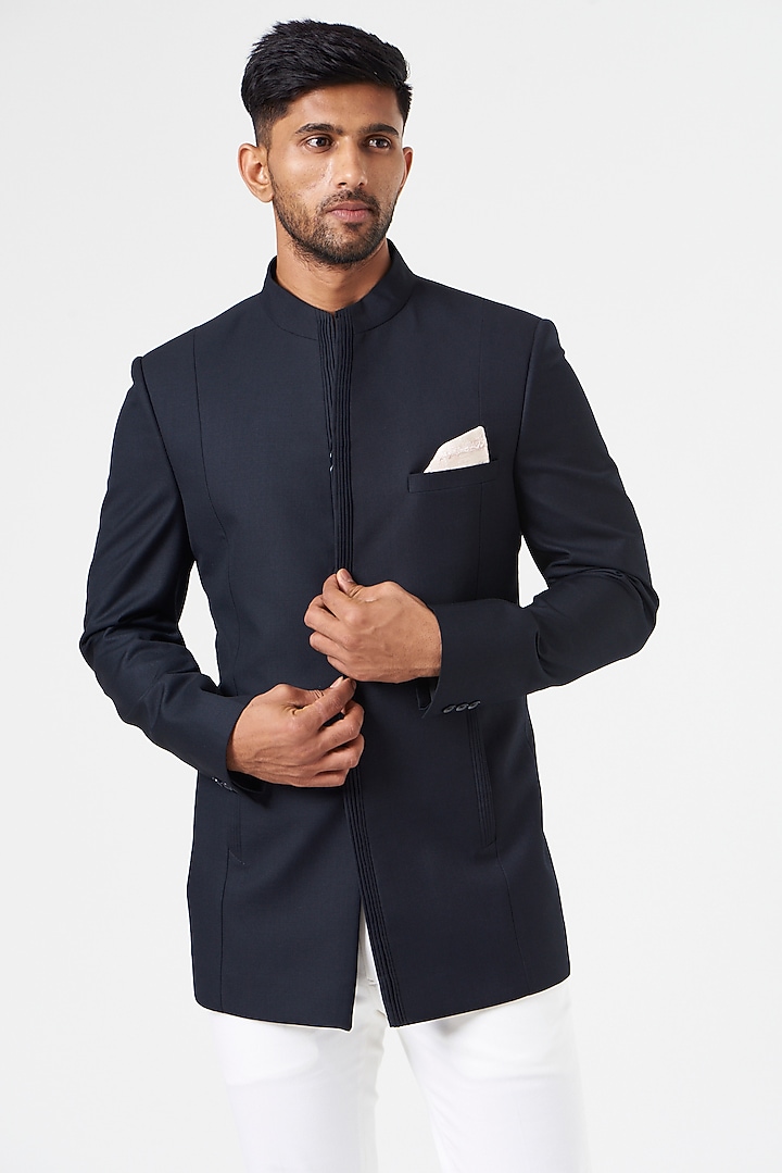 Navy Blue Blended Wool Wedding Bandhgala Set by SEVENDC MEN at Pernia's Pop Up Shop