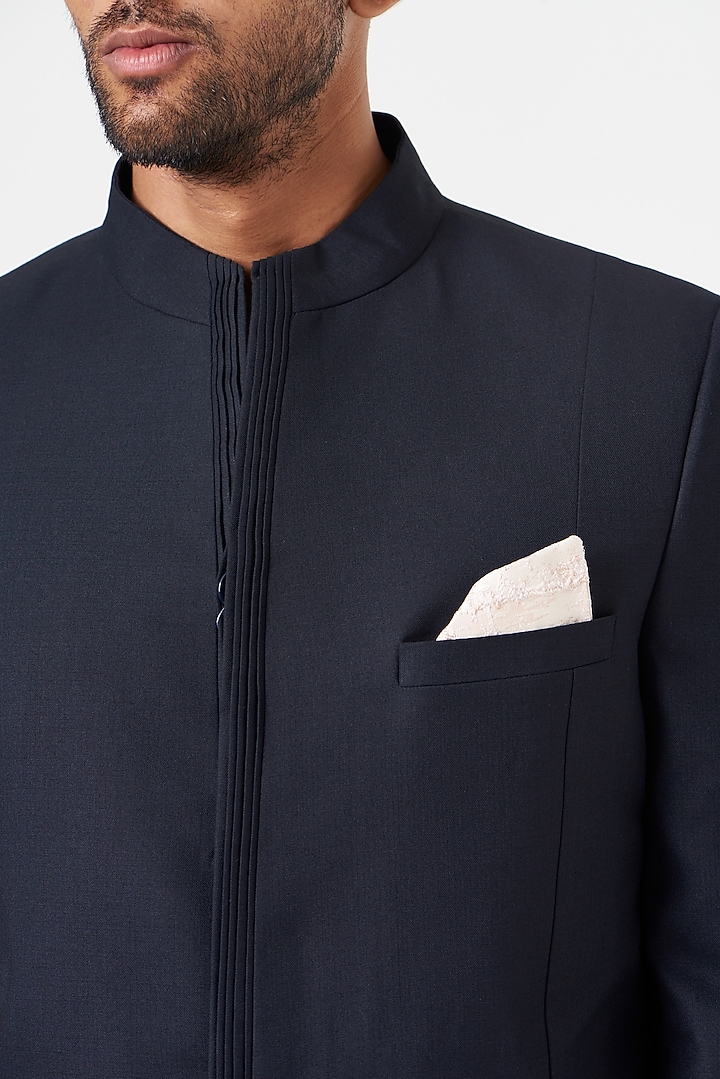 Navy Blue Blended Wool Wedding Bandhgala Set by SEVENDC MEN at Pernia's Pop Up Shop