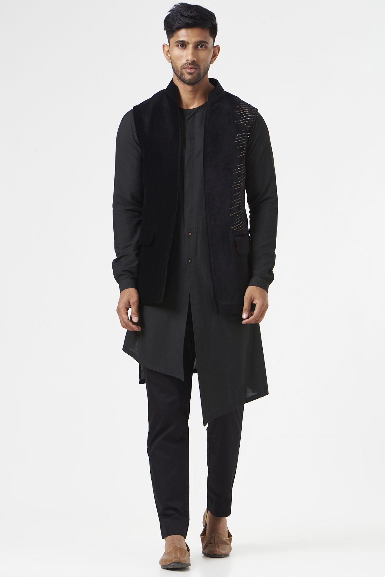 Black Velvet Metal Embroidered Nehru Jacket Set by SEVENDC MEN at Pernia's Pop Up Shop