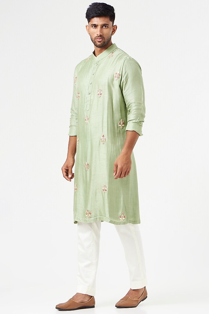 Mint Green Cotton Silk Zardosi Embroidered Kurta Set by SEVENDC MEN at Pernia's Pop Up Shop