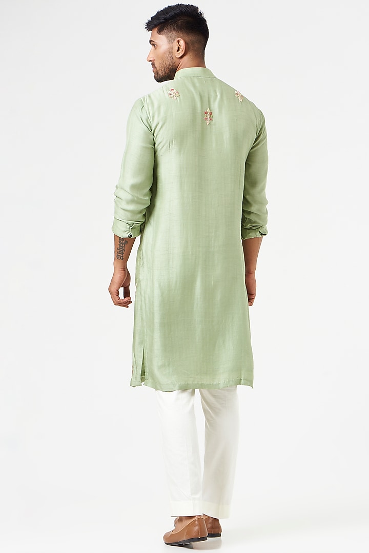 Mint Green Cotton Silk Zardosi Embroidered Kurta Set by SEVENDC MEN at Pernia's Pop Up Shop
