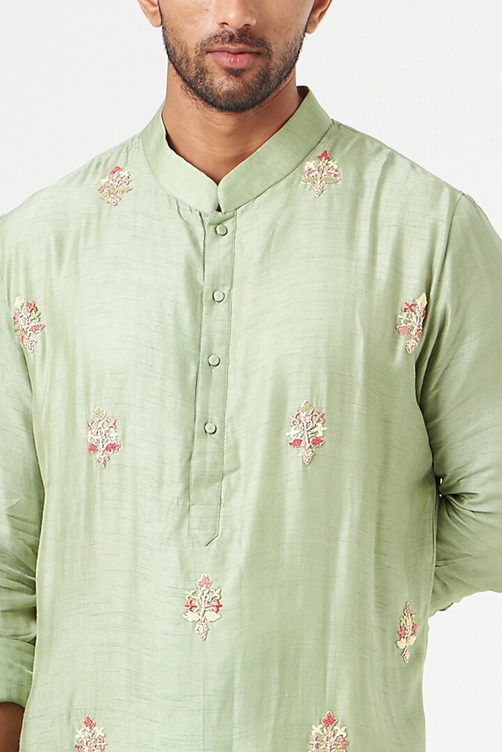 Mint Green Cotton Silk Zardosi Embroidered Kurta Set by SEVENDC MEN at Pernia's Pop Up Shop
