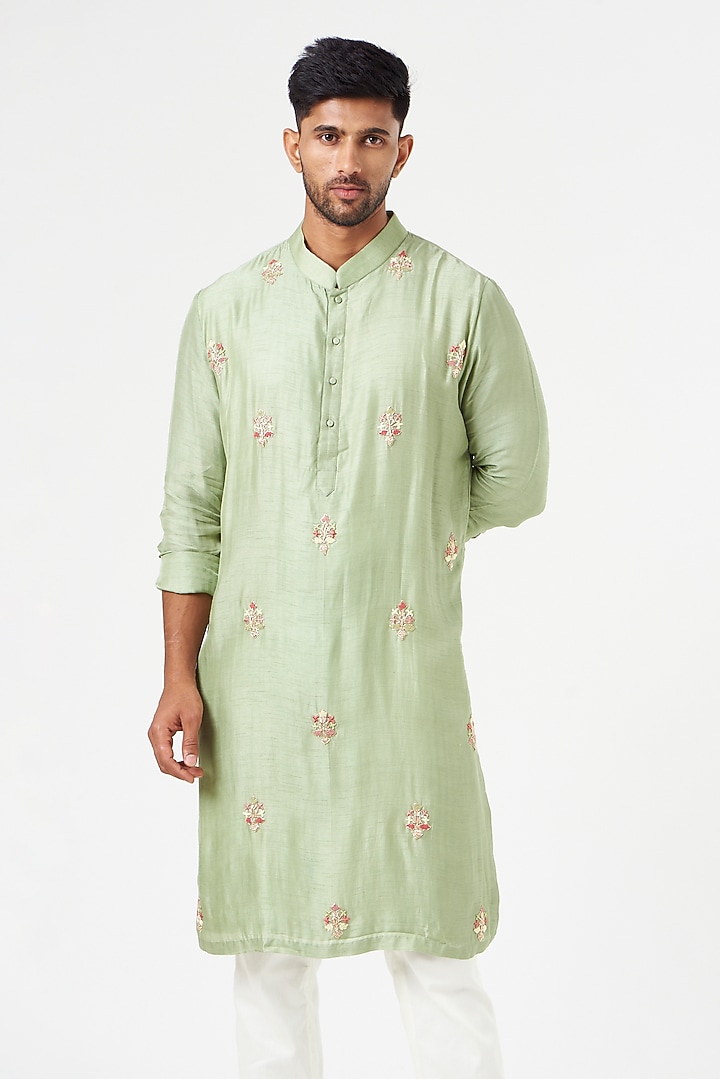 Mint Green Cotton Silk Zardosi Embroidered Kurta Set by SEVENDC MEN at Pernia's Pop Up Shop