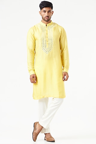Yellow Embroidered Kurta Set by SEVENDC MEN