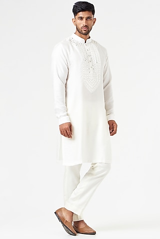 Ivory Mirror Embroidered Kurta Set by SEVENDC MEN