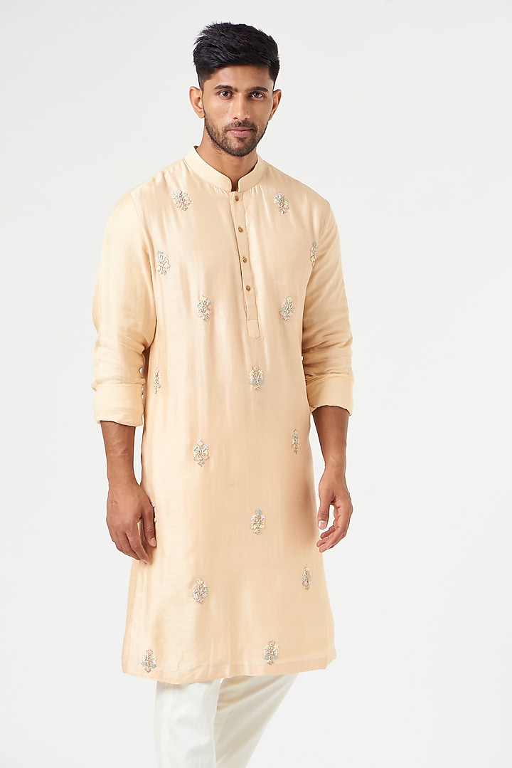 Peach Cotton Silk Zardosi Embroidered Kurta Set by SEVENDC MEN at Pernia's Pop Up Shop