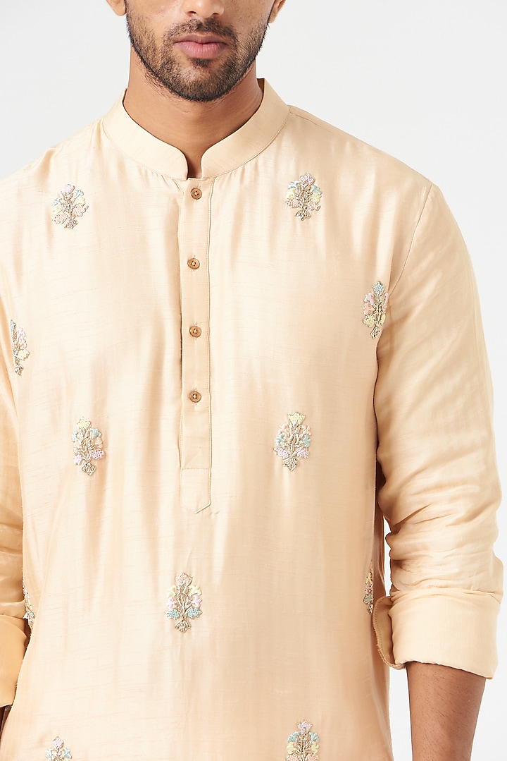 Peach Cotton Silk Zardosi Embroidered Kurta Set by SEVENDC MEN at Pernia's Pop Up Shop
