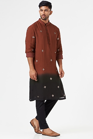 Blood Red & Black Embroidered Kurta Set by SEVENDC MEN