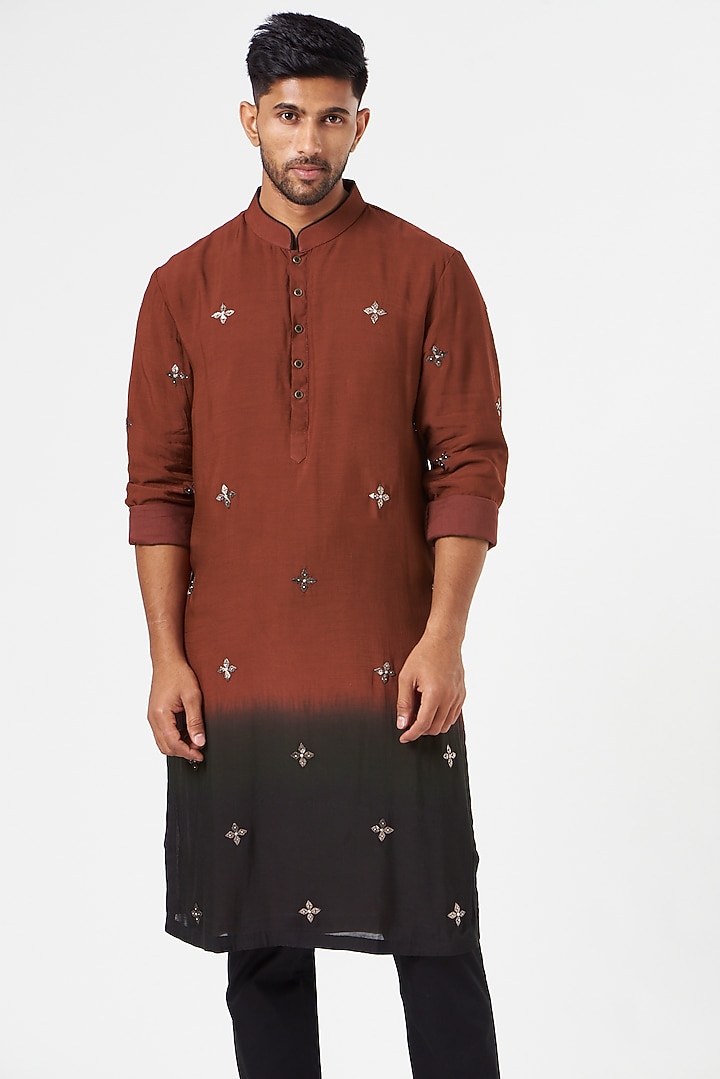 Blood Red & Black Embroidered Kurta Set by SEVENDC MEN at Pernia's Pop Up Shop