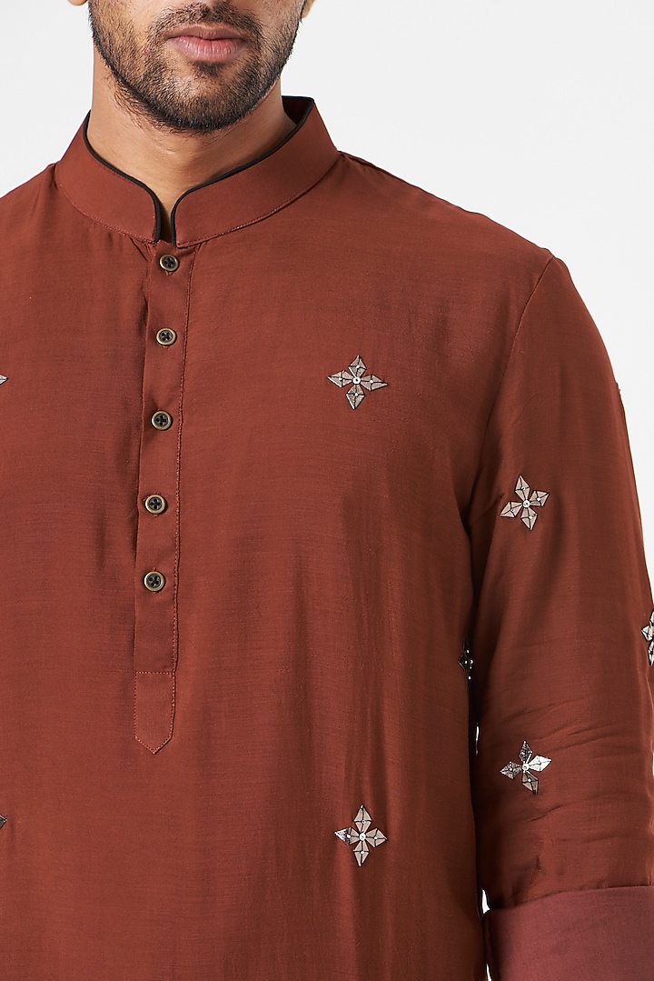 Blood Red & Black Embroidered Kurta Set by SEVENDC MEN at Pernia's Pop Up Shop