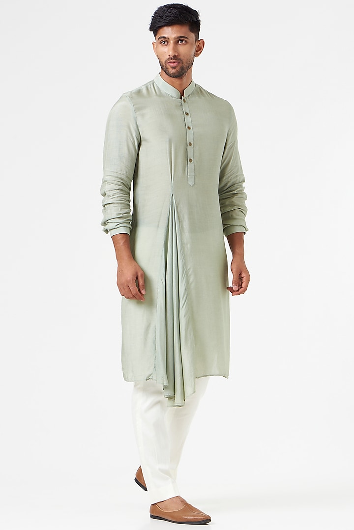Sage Green Cotton Silk Draped Kurta Set by SEVENDC MEN at Pernia's Pop Up Shop