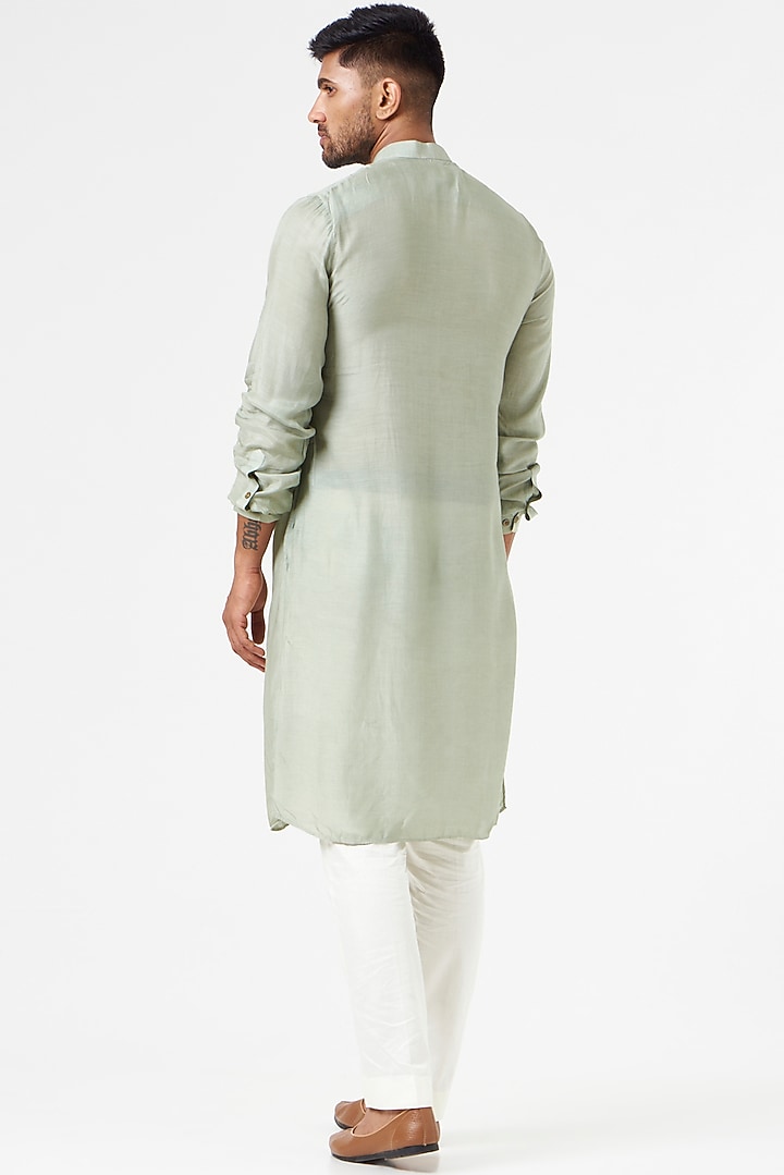 Sage Green Cotton Silk Draped Kurta Set by SEVENDC MEN at Pernia's Pop Up Shop