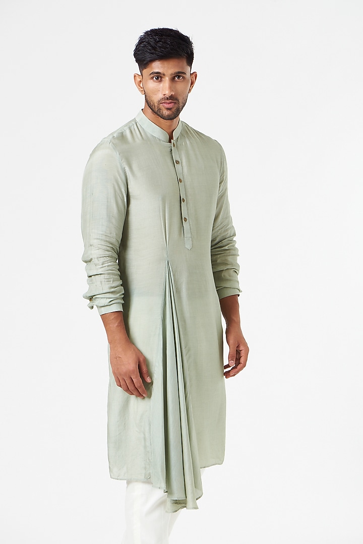 Sage Green Cotton Silk Draped Kurta Set by SEVENDC MEN at Pernia's Pop Up Shop