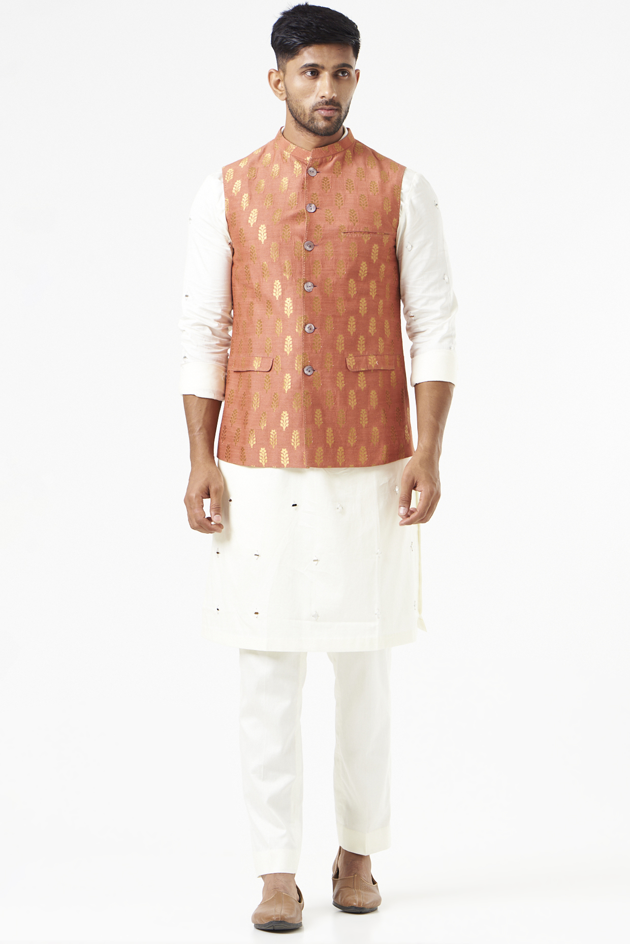 Dusty Red Banarasi Silk Nehru Jacket by SEVENDC MEN