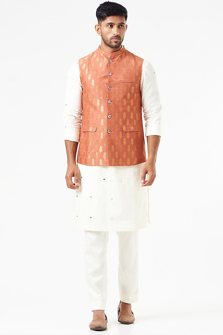 Dusty Red Banarasi Silk Nehru Jacket by SEVENDC MEN