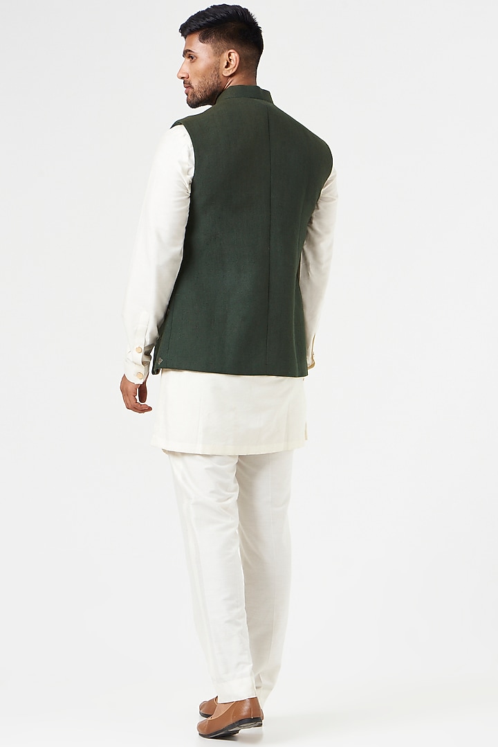 Dark Green Matka Silk Metallic Embroidered Asymmetric Nehru Jacket by SEVENDC MEN at Pernia's Pop Up Shop