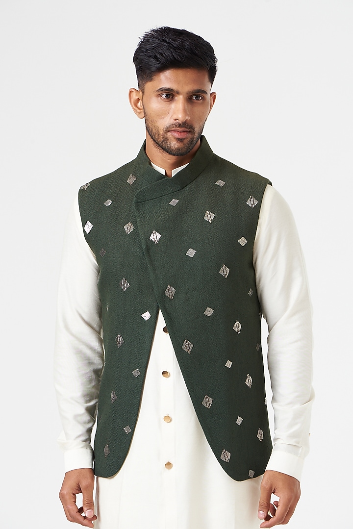 Dark Green Matka Silk Metallic Embroidered Asymmetric Nehru Jacket by SEVENDC MEN at Pernia's Pop Up Shop