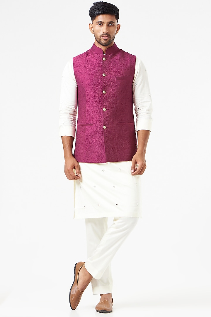 Purple Cotton Silk Nehru Jacket by SEVENDC MEN