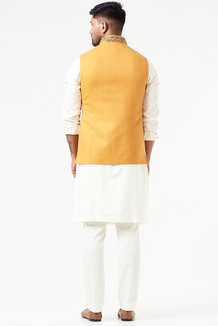 Mustard Cotton Silk Zardosi Embroidered Nehru Jacket by SEVENDC MEN at Pernia's Pop Up Shop