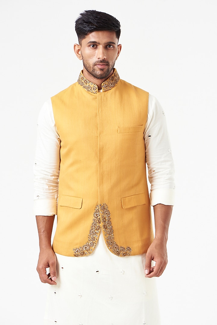 Mustard Cotton Silk Zardosi Embroidered Nehru Jacket by SEVENDC MEN at Pernia's Pop Up Shop