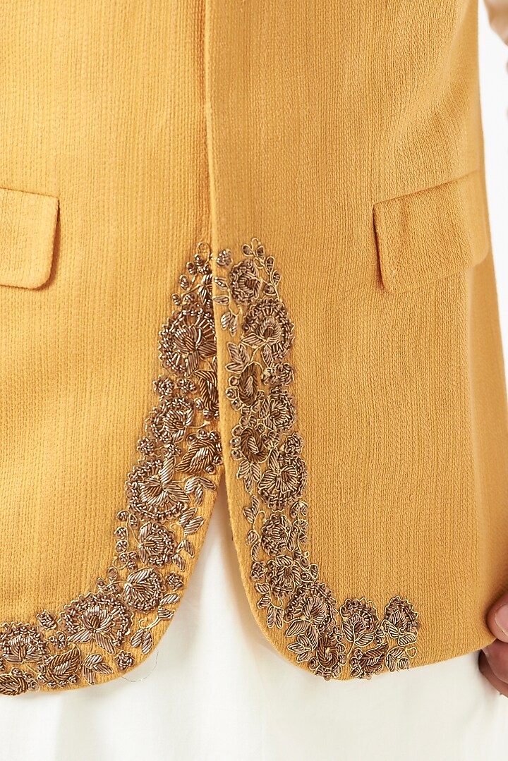 Mustard Cotton Silk Zardosi Embroidered Nehru Jacket by SEVENDC MEN at Pernia's Pop Up Shop