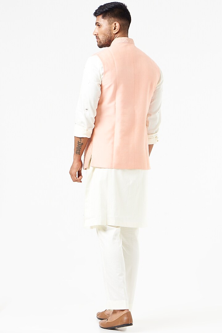Peach Cotton Silk Quilted Nehru Jacket by SEVENDC MEN at Pernia's Pop Up Shop