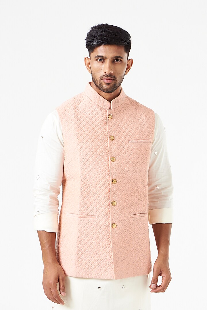 Peach Cotton Silk Quilted Nehru Jacket by SEVENDC MEN at Pernia's Pop Up Shop