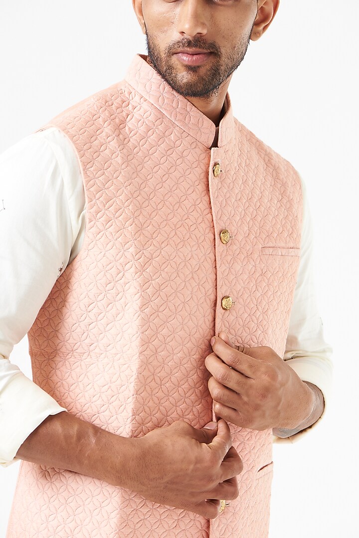 Peach Cotton Silk Quilted Nehru Jacket by SEVENDC MEN at Pernia's Pop Up Shop