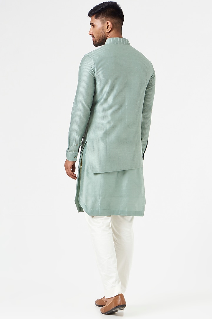 Sage Green Cotton Silk Textured Nehru Jacket Set by SEVENDC MEN at Pernia's Pop Up Shop