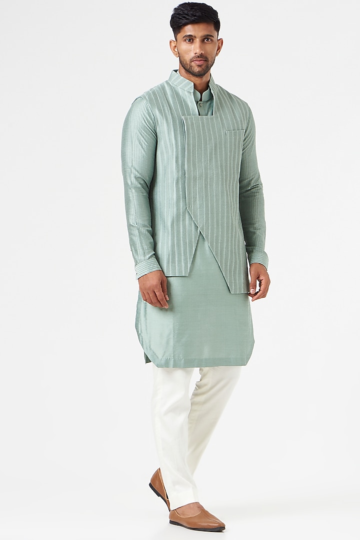 Sage Green Cotton Silk Textured Nehru Jacket Set by SEVENDC MEN at Pernia's Pop Up Shop