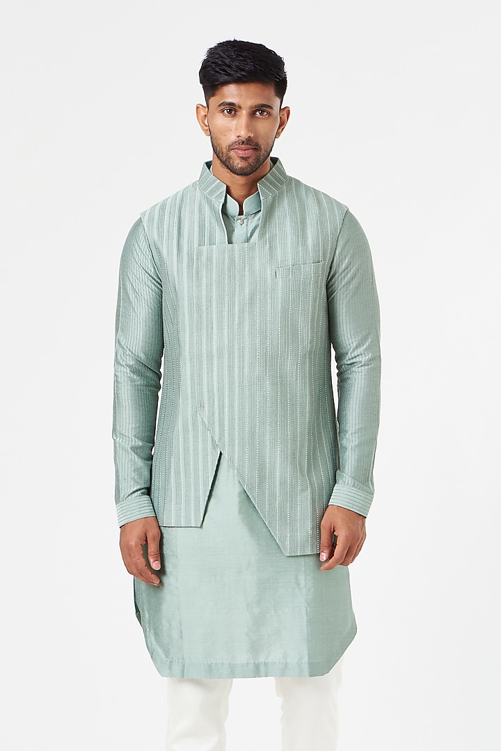Sage Green Cotton Silk Textured Nehru Jacket Set by SEVENDC MEN at Pernia's Pop Up Shop