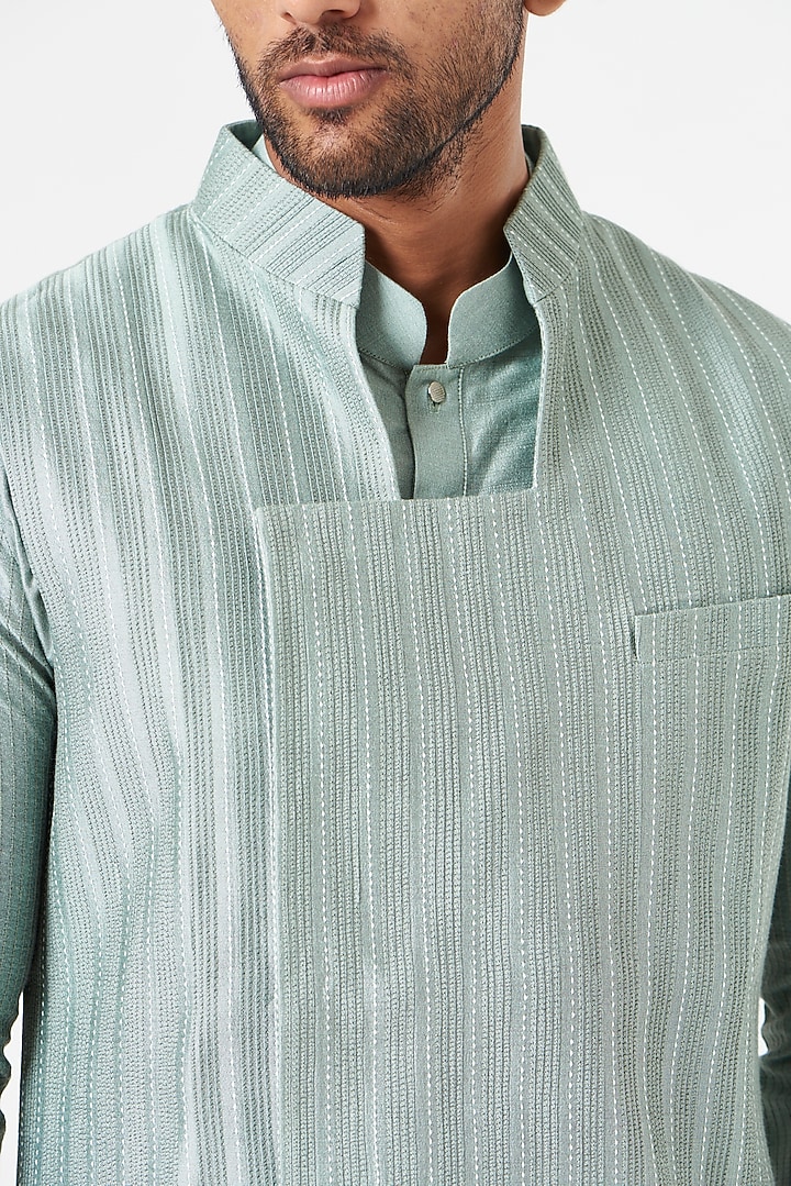 Sage Green Cotton Silk Textured Nehru Jacket Set by SEVENDC MEN at Pernia's Pop Up Shop
