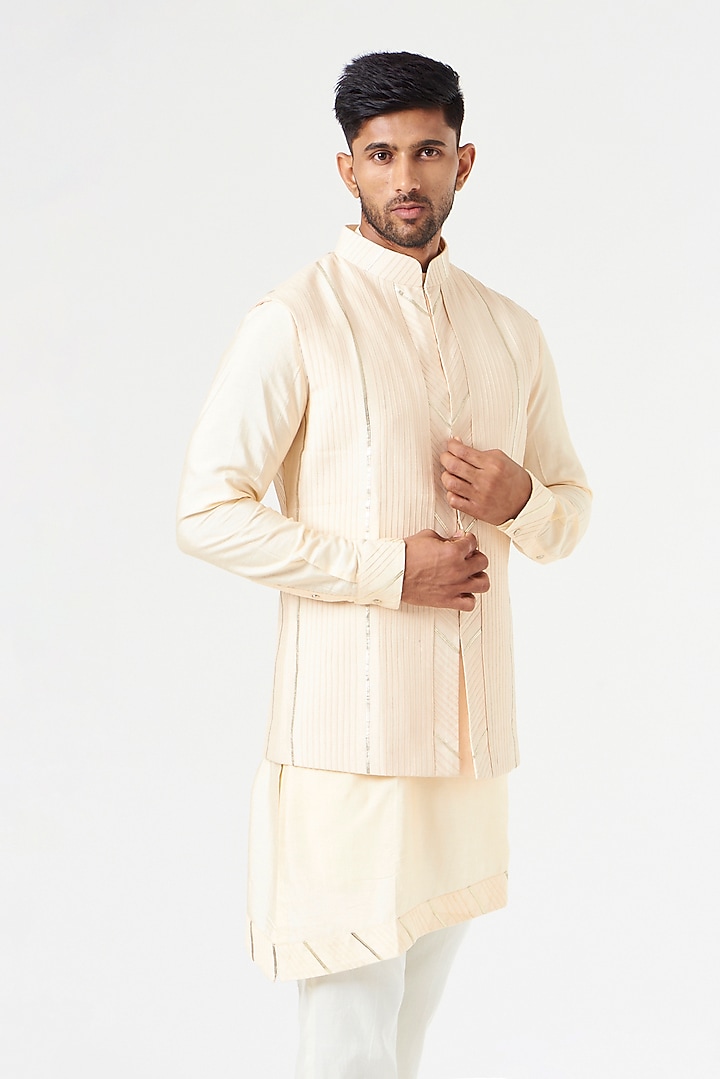 Light Peach Cotton Silk Textured Nehru Jacket Set by SEVENDC MEN at Pernia's Pop Up Shop
