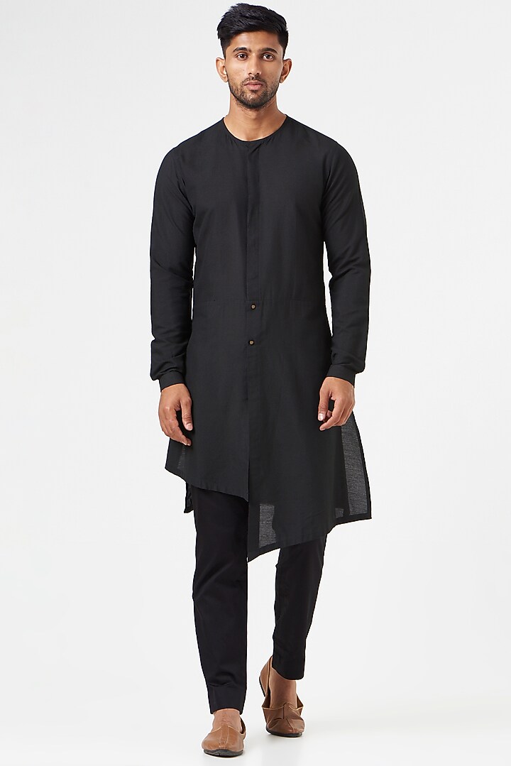 Black Velvet Textured Embroidered Nehru Jacket Set by SEVENDC MEN at Pernia's Pop Up Shop