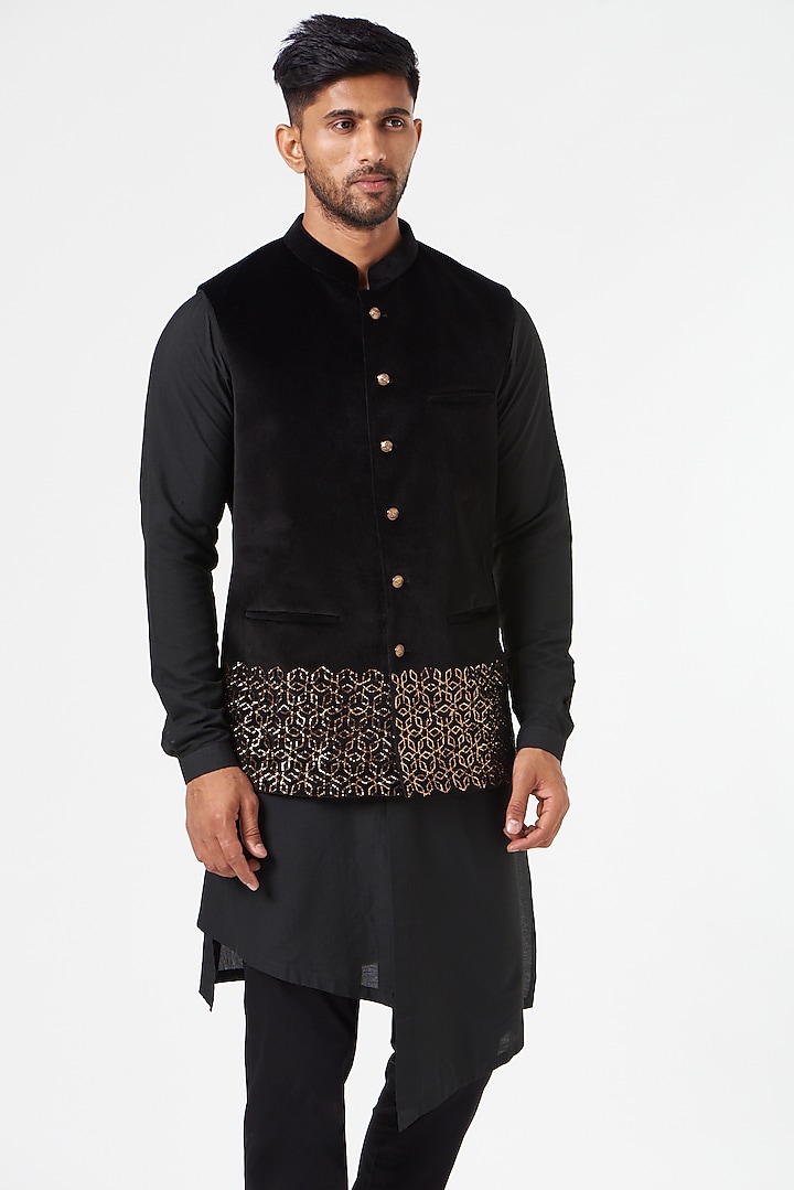 Black Velvet Textured Embroidered Nehru Jacket Set by SEVENDC MEN at Pernia's Pop Up Shop