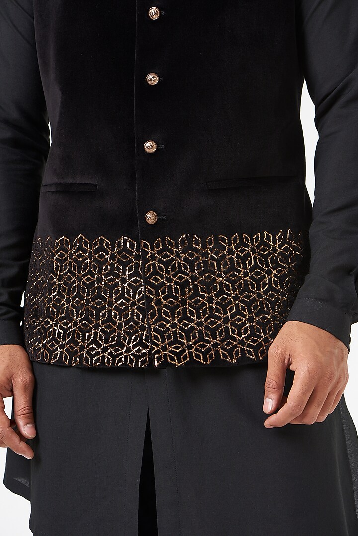Black Velvet Textured Embroidered Nehru Jacket Set by SEVENDC MEN at Pernia's Pop Up Shop